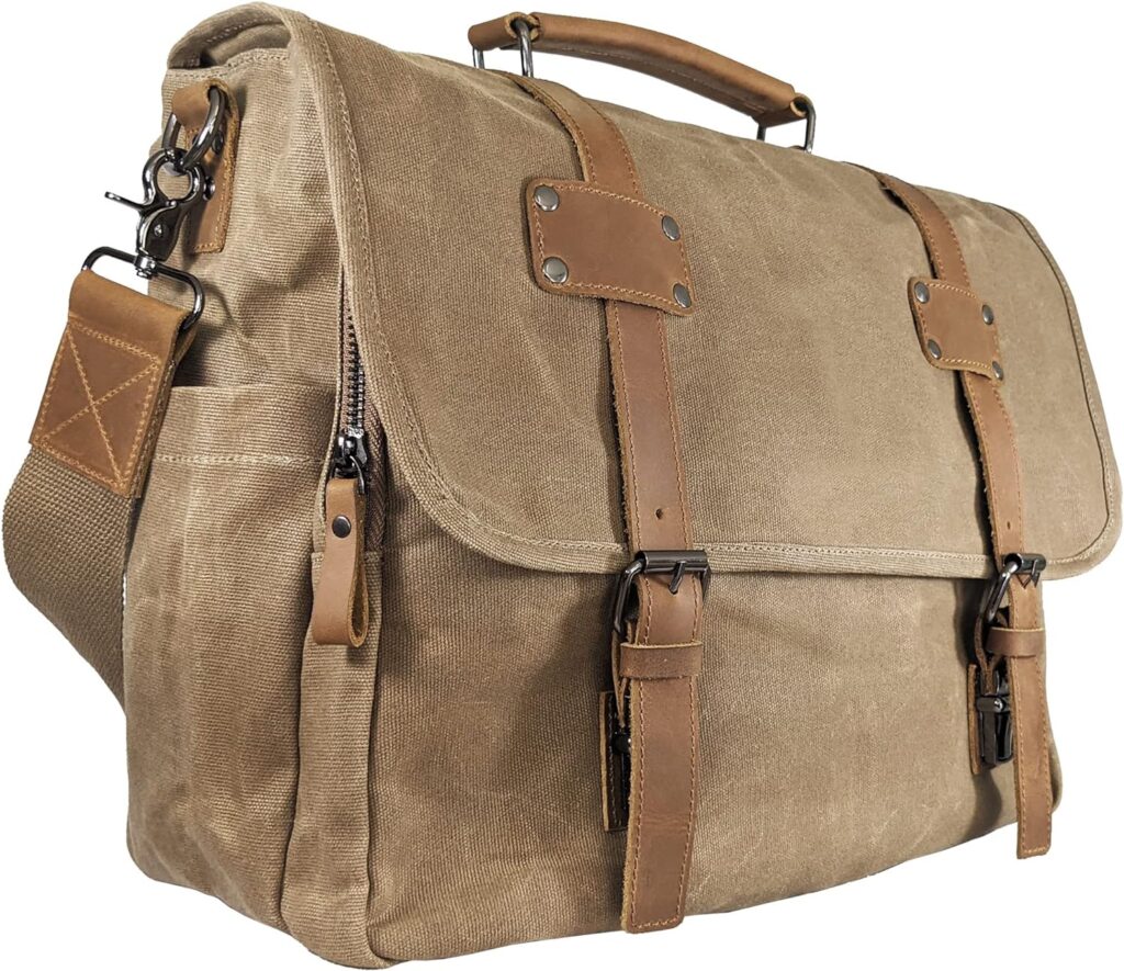 Canvas Messenger Bag for Men, Portable Office with Laptop Case and Trolley Slot, Practical Organizer with Multiple Compartments, Waxed Canvas and Genuine Leather Vintage Satchel, Brown