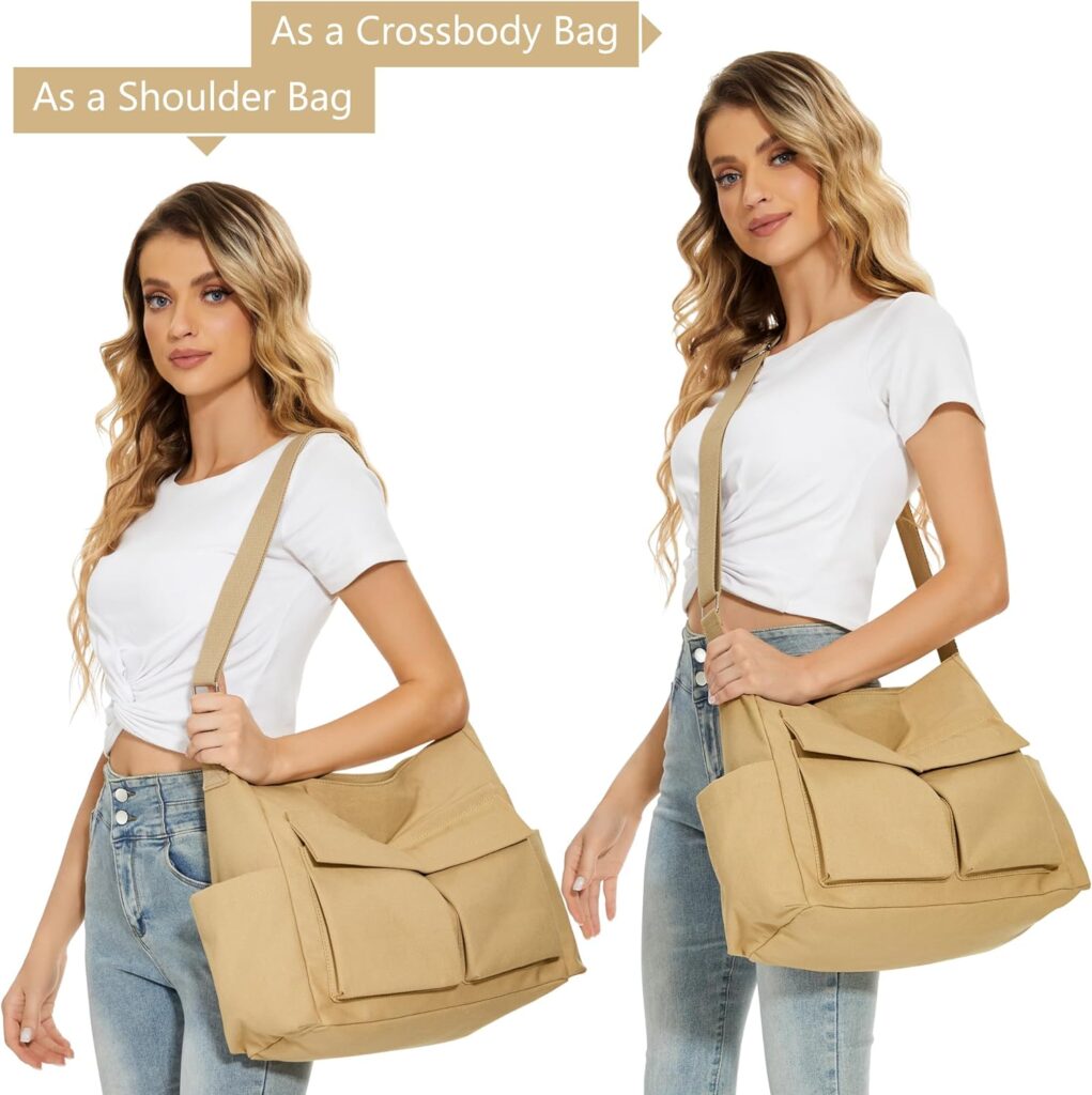 KALIDI Canvas Tote Bag, Messenger Bag with Pockets Large Shoulder Hobo Crossbody Bag for Women Men College Work Travel Casual