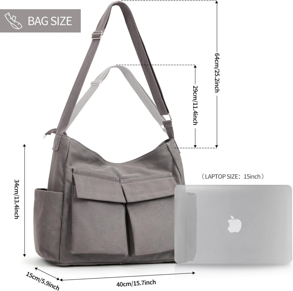 KALIDI Canvas Tote Bag, Messenger Bag with Pockets Large Shoulder Hobo Crossbody Bag for Women Men College Work Travel Casual