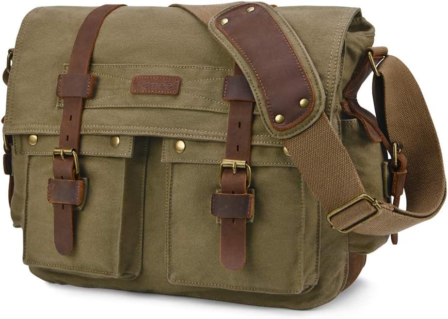 Kattee Military Messenger Bag Canvas Leather Shoulder Bag Fits 14.7/15.6 Inch Laptop