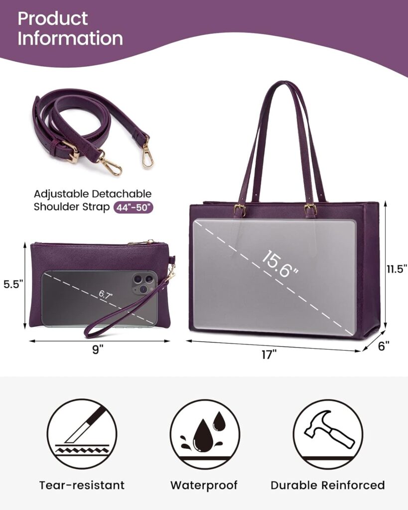 LOVEVOOK 15.6 Inch Laptop Bag for women, Large Waterproof PU Leather Work Briefcase with USB Charging Port Casual Computer Shoulder Messenger Fashion Business Office Tote Handbag Purse, Purple