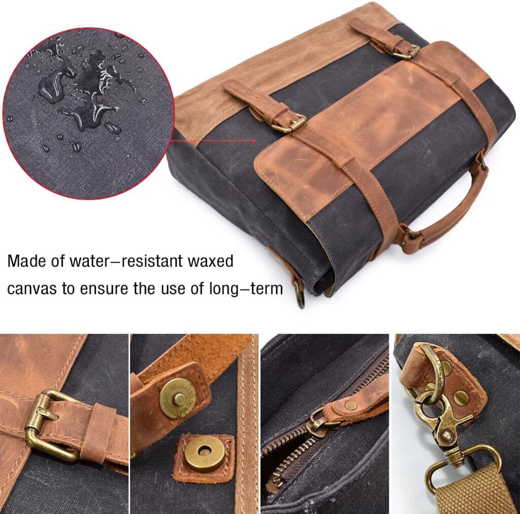 Mens Messenger Bag 15.6 Inch Waterproof Vintage Genuine Leather Waxed Canvas Briefcase Large Leather Computer Laptop Bag Rugged Satchel Shoulder Bag, Brown