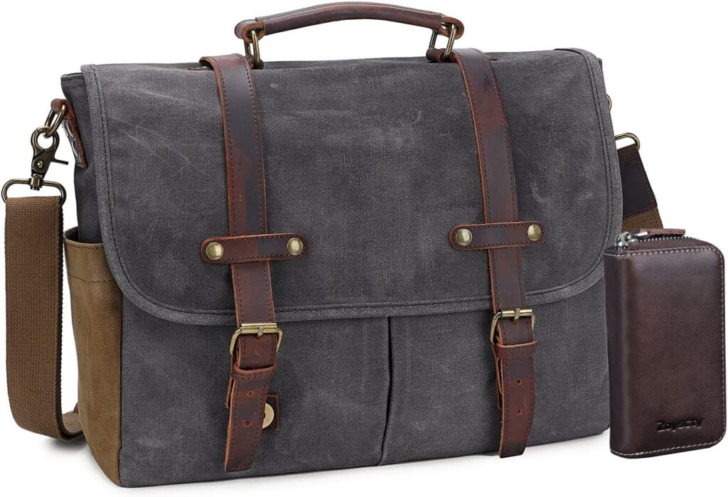 Messenger Bag for Men, Waterproof Genuine Leather Waxed Canvas Briefcase 15.6 Inch Laptop Larger Shoulder Bag with Key Bag