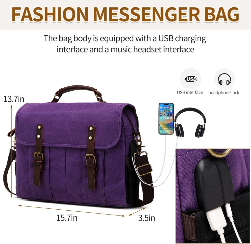 NerIion Messenger Bag for Men 15.6 Inch Vintage Canvas Genuine Leather Briefcase for Men Laptop Bag Satchel Shoulder Bag