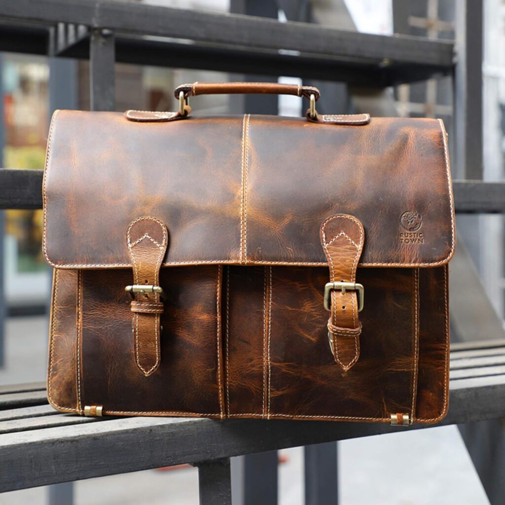 RUSTIC TOWN Handmade Leather Shoulder Briefcase Messenger Bag Mens 16 inch Laptop Satchel