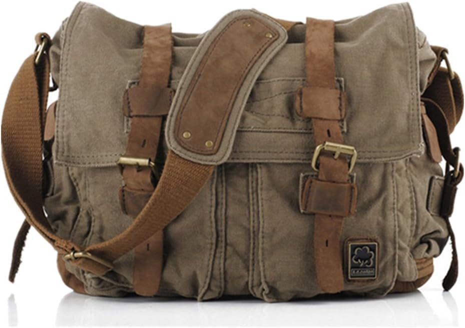 Sechunk Vintage Military Leather Canvas Laptop Bag Messenger Bags Medium