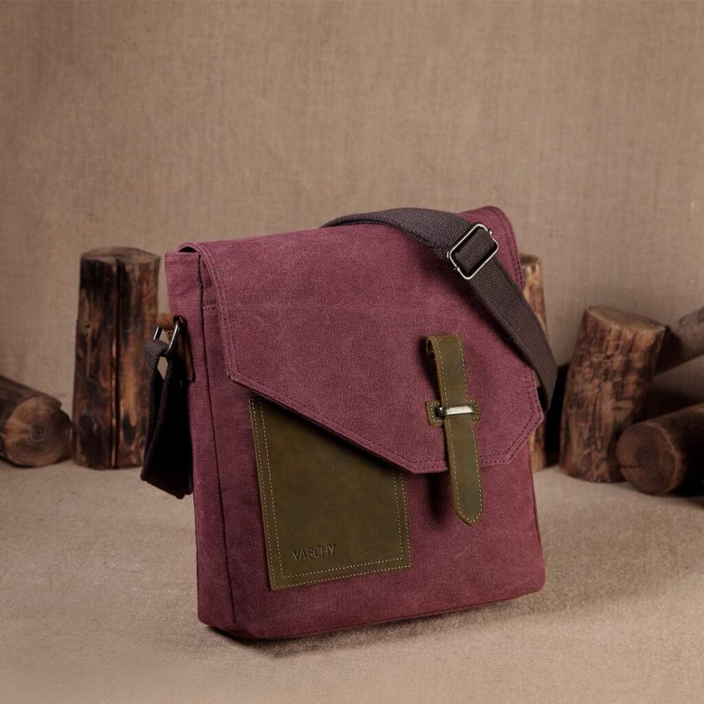 VASCHY Small Messenger Bag, Vintage Canvas Leather Lightweight Crossbody Bag