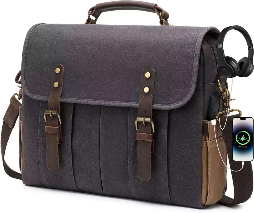 Vintage Mens Messenger Bag 15.6 inches Waterproof Genuine Leather Waxed Canvas Satchel Shoulder Bag Briefcase Laptop Bag with Charging,Headset Port Gray