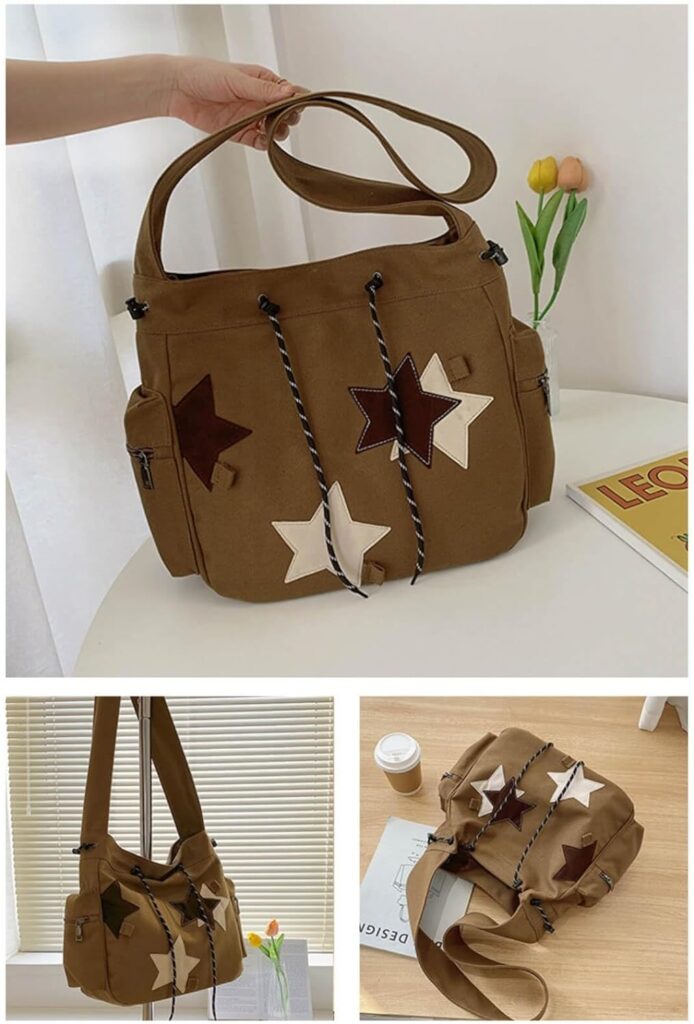 Y2K Star Canvas Messenger Bag, Cute Tote Bags Aesthetic, Small Shoulder Travel Crossbody Bags For Women